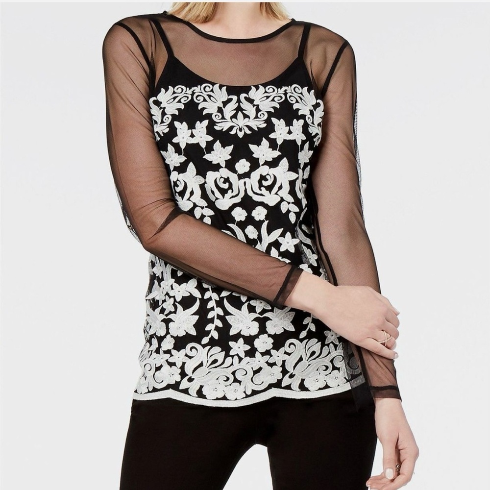 INC International Concepts Black Sheer Sleeve Top with White Floral Embroidery